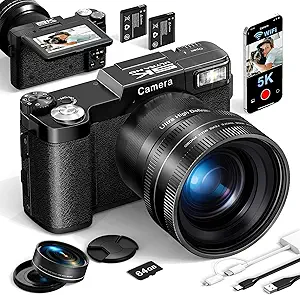 Read more about the article FLATIC Digital Camera with WiFi, 5K 64MP Cameras for Photography with 180° Flip Screen for YouTube, 18X Zoom Autofoucs Vlogging Camera with 64GB Card, Wide & Macro Lens, 2 Batteries, Card Reader
